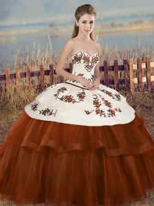 Brown Lace Up Sweetheart Embroidery and Bowknot Quince Ball Gowns Tulle Sleeveless