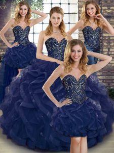 Super Navy Blue Sweetheart Neckline Beading and Ruffles Quinceanera Dresses Sleeveless Lace Up
