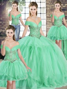 Off The Shoulder Sleeveless Ball Gown Prom Dress Floor Length Beading and Ruffles Apple Green Tulle