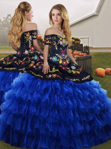 Best Sleeveless Organza Floor Length Lace Up Sweet 16 Quinceanera Dress in Blue And Black with Embroidery and Ruffled Layers