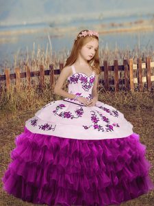 Suitable Straps Sleeveless Organza Little Girls Pageant Gowns Embroidery and Ruffled Layers and Bowknot Lace Up
