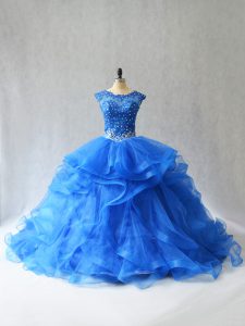 Royal Blue Lace Up Quinceanera Gown Beading and Lace Sleeveless Brush Train