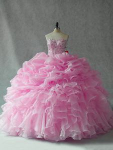 Baby Pink Sleeveless Beading and Ruffles and Pick Ups Lace Up Quinceanera Gowns