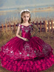 Graceful Off The Shoulder Sleeveless Lace Up Kids Pageant Dress Fuchsia Satin and Organza