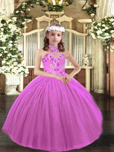 Wonderful Sleeveless Tulle Floor Length Lace Up Little Girls Pageant Dress in Lilac with Appliques