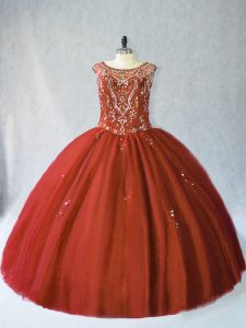 Floor Length Lace Up Quinceanera Gowns Rust Red for Sweet 16 and Quinceanera with Beading