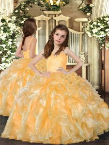 Sleeveless Organza Floor Length Lace Up Little Girls Pageant Dress in Gold with Ruffles