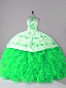 Decent Halter Top Lace Up Embroidery and Ruffles Quinceanera Dress Court Train Sleeveless