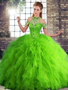 Popular Green Sleeveless Tulle Lace Up 15th Birthday Dress for Military Ball and Sweet 16 and Quinceanera