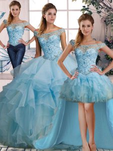 Customized Light Blue Organza Lace Up Off The Shoulder Sleeveless Floor Length Quince Ball Gowns Beading and Ruffles