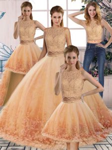 Gold and Peach Scalloped Neckline Lace Quince Ball Gowns Sleeveless Backless