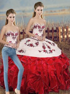 White And Red Sweet 16 Quinceanera Dress Military Ball and Sweet 16 and Quinceanera with Embroidery and Ruffles and Bowknot Sweetheart Sleeveless Lace Up