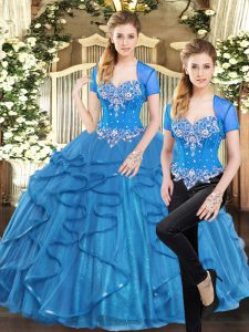 Blue Tulle Lace Up Ball Gown Prom Dress Sleeveless Floor Length Beading and Ruffles