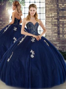 Navy Blue Sweetheart Neckline Beading and Appliques Quinceanera Dresses Sleeveless Lace Up