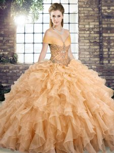 Fitting Brush Train Ball Gowns Quinceanera Gowns Gold Off The Shoulder Organza Sleeveless Lace Up
