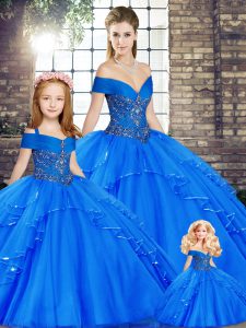 Royal Blue Lace Up Off The Shoulder Beading and Ruffles Vestidos de Quinceanera Tulle Sleeveless