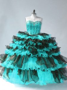 Organza Sweetheart Sleeveless Lace Up Beading and Ruffled Layers Quinceanera Dresses in Blue And Black