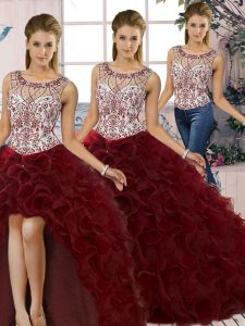 Noble Scoop Sleeveless 15 Quinceanera Dress Floor Length Beading and Ruffles Burgundy Organza