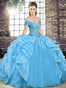 Stunning Baby Blue Organza Lace Up Off The Shoulder Sleeveless Floor Length 15th Birthday Dress Beading and Ruffles