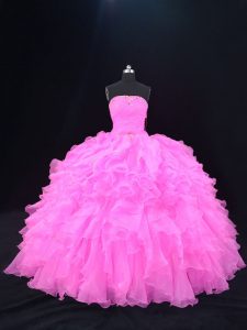 Delicate Pink and Rose Pink Organza Lace Up Strapless Sleeveless Floor Length 15 Quinceanera Dress Beading and Ruffles