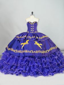 Organza Sweetheart Sleeveless Brush Train Lace Up Embroidery and Ruffled Layers Vestidos de Quinceanera in Purple