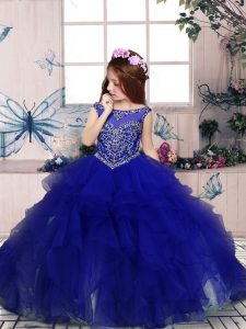 Floor Length Royal Blue Little Girls Pageant Dress Wholesale Scoop Sleeveless Lace Up