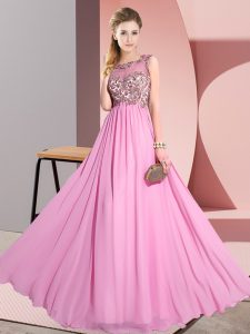 Rose Pink Empire Chiffon Scoop Sleeveless Beading and Appliques Floor Length Backless Court Dresses for Sweet 16