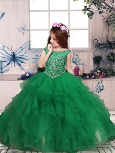 Best Green Zipper Pageant Dresses Beading and Ruffles Sleeveless Floor Length