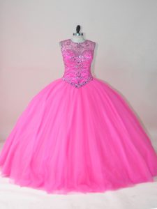 Unique Rose Pink Tulle Lace Up Vestidos de Quinceanera Sleeveless Floor Length Beading