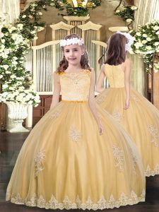 Floor Length Gold Pageant Gowns For Girls Tulle Sleeveless Appliques