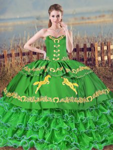Lace Up Sweet 16 Dress Green for Sweet 16 and Quinceanera with Embroidery and Ruffled Layers Brush Train