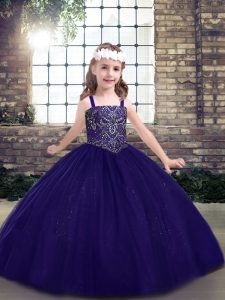 Customized Purple Tulle Lace Up Straps Sleeveless Floor Length Little Girl Pageant Gowns Beading