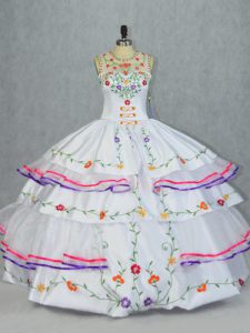 White Sleeveless Floor Length Embroidery and Ruffled Layers Lace Up 15 Quinceanera Dress