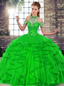 Most Popular Green Ball Gowns Halter Top Sleeveless Tulle Floor Length Lace Up Beading and Ruffles Quinceanera Dresses
