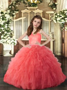 Coral Red Sleeveless Floor Length Ruffles Lace Up Kids Formal Wear