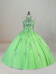 Dramatic Halter Top Sleeveless Brush Train Lace Up Quinceanera Dresses Tulle