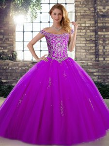 Floor Length Lace Up Sweet 16 Quinceanera Dress Purple for Military Ball and Sweet 16 and Quinceanera with Beading