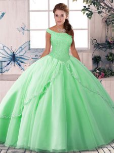Free and Easy Brush Train Ball Gowns Quinceanera Dress Apple Green Off The Shoulder Tulle Sleeveless Lace Up
