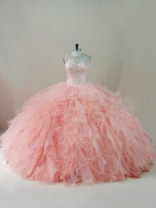 Peach Tulle Lace Up Scoop Sleeveless Floor Length Quinceanera Dresses Beading and Ruffles