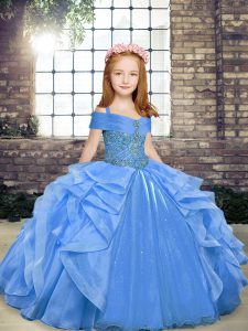 Inexpensive Blue Straps Neckline Beading and Ruffles Pageant Gowns For Girls Sleeveless Lace Up