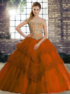 Smart Rust Red Ball Gowns Tulle Off The Shoulder Sleeveless Beading and Lace Lace Up Quinceanera Gown Brush Train