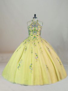 Yellow Sweet 16 Dresses Sweet 16 and Quinceanera with Appliques and Embroidery Halter Top Sleeveless Brush Train Lace Up