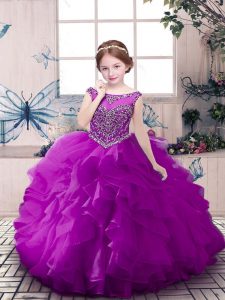 Affordable Floor Length Zipper Girls Pageant Dresses Purple for Party and Sweet 16 and Wedding Party with Beading and Ruffles