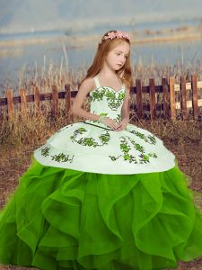 Green Lace Up Spaghetti Straps Embroidery and Ruffles Kids Formal Wear Sleeveless