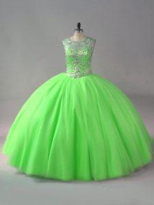 Flirting Scoop Sleeveless Tulle Quince Ball Gowns Beading Lace Up