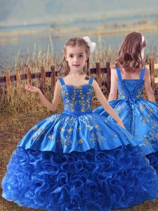 Fashion Blue Lace Up Straps Embroidery Kids Formal Wear Fabric With Rolling Flowers Sleeveless Sweep Train
