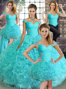Unique Aqua Blue Sweet 16 Dresses Military Ball and Sweet 16 and Quinceanera with Beading Off The Shoulder Sleeveless Lace Up
