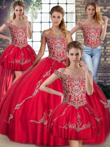 High End Off The Shoulder Sleeveless Quinceanera Gowns Floor Length Beading and Embroidery Red Tulle
