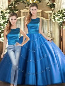 Fantastic Blue Lace Up Quinceanera Dresses Appliques Sleeveless Floor Length