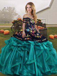 Custom Design Floor Length Teal Ball Gown Prom Dress Off The Shoulder Sleeveless Lace Up